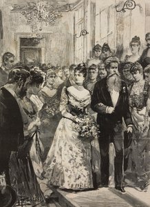 Regina Margherita di Savoia alla festa del Circolo Artistico di Roma, accompagnata dallo scultore Giulio Monteverde, Italia, incisione da un disegno di Dante Paolocci, da L
