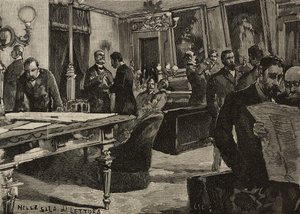 Sala di lettura a Palazzo Montecitorio, Roma, Italia, incisione da un disegno di Dante Paolocci, da L