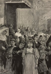 Accoglienza dei bambini alle celebrazioni del giubileo di Papa Leone XIII, Vaticano, incisione da un disegno di Dante Paolocci, da L