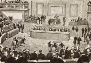 Seduta del 26 luglio del Senato Italiano, Roma, Italia, incisione da un disegno di Dante Paolocci, da L