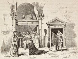 Gabinetto del Sommo Pontefice nel palazzo, Postumia che implora Fabio Massimo, Roma Vaincue di Alexandre Parodi, Atto V, incisione di Dante Paolocci da schizzi di Zandomenico, da L