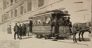 Tram diretto a San Pietro in occasione del Giubileo Episcopale di Leone XIII, Roma, Italia, incisione dopo un disegno di Dante Paolocci, da L