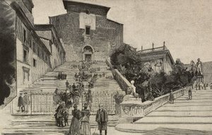 Veduta della Basilica di Santa Maria in Aracoeli, Roma, Italia, incisione dopo un disegno di Dante Paolocci, da L