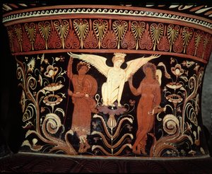 Cratere a volute a figure rosse apule, dettaglio del collo che raffigura Edipo e la Sfinge da Darius Painter