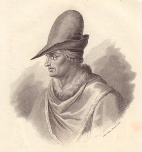 Ritratto del leader militare italiano Uguccione della Faggiola (1250-1319), incisione in rame di Caterina Piotti-Pirola da John Ward Dunsmore