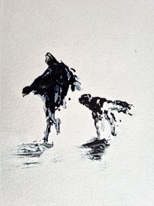 Passeggiata con il cane in bianco e nero