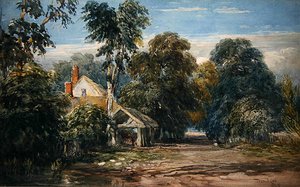Un cottage e una stalla al margine di un bosco da David Cox