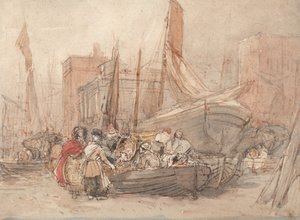 Scena di porto, con barche da pesca che vengono scaricate da David Cox