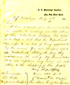 Lettera di David D. Porter, U. S. S. Black Hawk, al largo di Vicksburg, a Seth Ledyard Phelps, comandante della U. S. S. Eastport, 9 luglio 1863