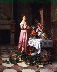 Signora con frutta e fiori su un tavolo da David Emil Joseph de and Knarren P. Noter