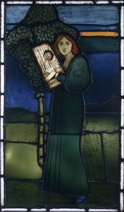 Pannello in vetro piombato raffigurante una figura femminile a figura intera che suona uno strumento a corda da David Gauld