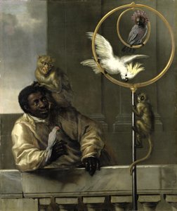 Uomo nero con pappagalli e scimmie, 1670