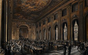 Ufficiali che cenano nella sala dipinta (al Royal Hospital di Greenwich, Inghilterra, per i pensionati della marina) durante la Seconda Guerra Mondiale (1939-1945)