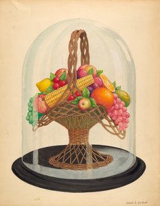 Ornamento, frutta di cera sotto globo di vetro da David S. De Vault