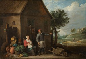 Contadino alla porta di un cottage con una donna seduta e un bambino da David Teniers (II)