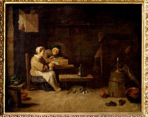 Interno di estaminet Due personaggi grotteschi in una locanda fiamminga da David Teniers the Younger