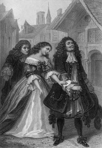 Opera teatrale Monsieur de Pourceaugnac di Moliere: Monsieur de Pourceaugnac, Julie e Oronte, incisione di Delannoy su disegno di G. Staal (1870)