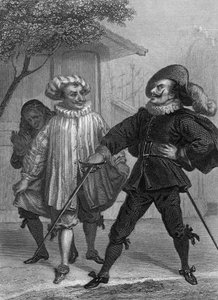 Spettacolo teatrale Gli intrighi di Scapin di Moliere: Argante, Scapin e Sylvestre, incisione di Delannoy su disegno di G. Staal (1870)