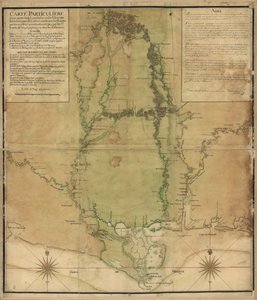 Carta particolare di una parte della Louisiana dove i fiumi e i fiumi sono stati rilevati a stima e le rotte via terra rilevate e misurate a passi, dai Srs. Broutin, de Vergés, ingegneri e Saucier disegnatore