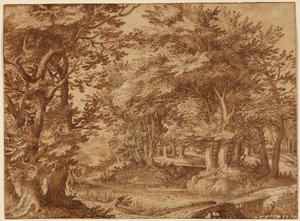 Paesaggio forestale con castello lontano da Denys van Alsloot