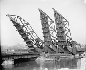 Ponti sollevati, Fort Point Channel, Boston, c.1904 (foto in b/n) da Detroit Publishing Co.