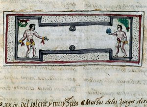 Aztechi che giocano a pelota, miniatura dalla Storia delle Indie (Historia de las Indias) di Diego Duran (1537-1588), manoscritto del 1579 da Diego Duran