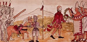 Incontro tra Hernando Cortes (1485-1547) e Montezuma (1466-1520), miniatura dalla 