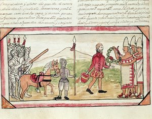 Incontro di Hernando Cortes (1485-1547) e Montezuma (1466-1520), miniatura dalla 