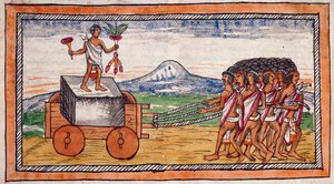Gli Aztechi trasportano pietre per costruire le loro città, acquerello dalla Storia delle Indie di Diego Duran