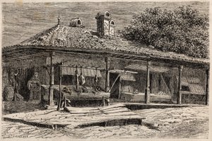 Una macelleria e una panetteria a Bucarest (Romania). Incisione per illustrare il viaggio da Parigi a Bucarest di Lancelot, disegnatore, nel 1860, in "Le tour du monde, nouveau journal des voyages", pubblicato sotto la direzione di Edouard Charton.