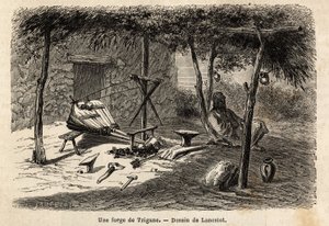 Una fucina zingara nella regione della Valacchia, Romania. Incisione per illustrare il viaggio da Parigi a Bucarest, di Lancelot, disegnatore, nel 1860, pubblicato in "Le tour du monde, nouveau journal des voyages", a cura di Edouard Charton