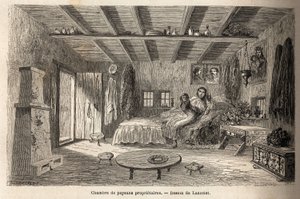 Una casa di contadini proprietari, nei pressi di Orezu (regione della Valacchia, Romania). Incisione per illustrare il viaggio da Parigi a Bucarest, di Lancelot, disegnatore, nel 1860, pubblicato in "Le tour du monde, nouveau journal des voyages", sotto la da Dieudonne Auguste Lancelot