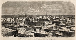 Veduta generale di Tripoli, disegno di Lancelot, per illustrare le passeggiate tripolitane, nel 1860, del Barone de Krafft. Incisione in "Le tour du monde" 1861. Collezione Selva. da Dieudonne Auguste Lancelot