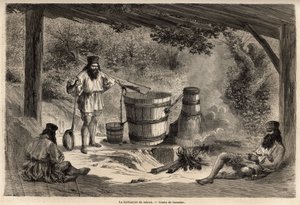 La fabbricazione del rakiou, alcol di cereali, una sorta di schnapps molto comune in Romania. Incisione per illustrare il viaggio da Parigi a Bucarest, di Lancelot, disegnatore, nel 1860, pubblicato in "Le tour du monde, nouveau journal des voyages", sotto
