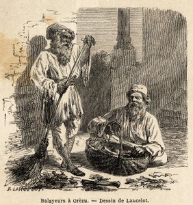 Gli spazzini a Orezu (Romania). Incisione per illustrare il viaggio da Parigi a Bucarest, di Lancelot, disegnatore, nel 1860, pubblicato in "Le tour du monde, nouveau journal des voyages", sotto la direzione di Edouard Charton