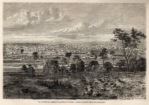 Veduta di Melbourne (Australia), disegno di Lancelot per illustrare i ricordi di un colono francese in Australia, nel 1854-1859, di M. de Castella. Incisione in "Le tour du monde" 1861. Collezione Selva da Dieudonne Auguste Lancelot