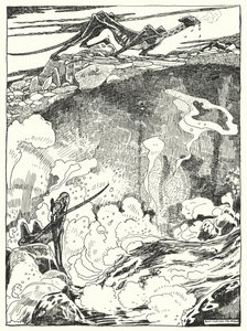 "Abbiamo visto i cuccioli di drago scendere alla piscina per bere e pulirsi" (incisione) da Dion Clayton Calthrop