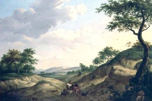 Paesaggio boscoso con pastori e animali su una roccia da Dionys van Dongen