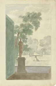 Progetto per una decorazione murale in una sala: Vista di un giardino con statua, fontana e urne da Dionys van Nijmegen (possibly)