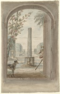 Progetto per una decorazione di una stanza con vista attraverso una porta aperta su un giardino con fontana