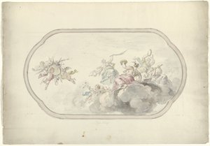 Progetto per un affresco sul soffitto con donne che suonano e putti con cesto di fiori come allegoria della Gioia