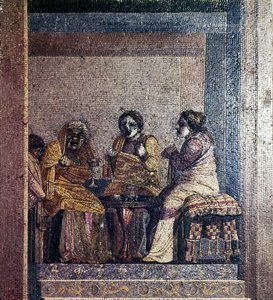 Mosaico romano di scena da una commedia con attori mascherati, Villa di Cicerone, Pompei, c. II secolo a.C.