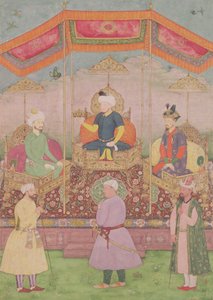 Imperatore Mughal Babur e suo figlio Humayun, miniatura indiana del Rajasthan, XVI secolo