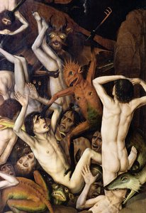 Inferno, (dettaglio) di un demone che colpisce i dannati, c.1450 da Dirck Bouts