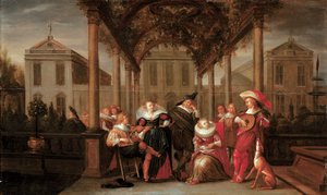 Una compagnia allegra che suona musica sotto un portico fiorito in un giardino da Dirck Hals