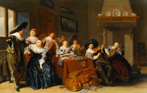 Figure eleganti con strumenti seduti a un tavolo e una giovane donna che canta in un interno, 1637