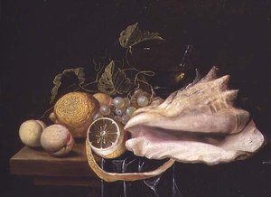 Natura morta con conchiglia Strombus e frutta da Dirck Sauts