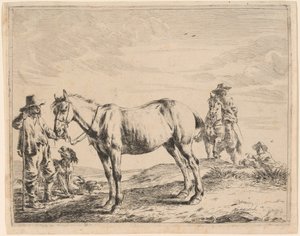 Un uomo che tiene un cavallo per le briglie