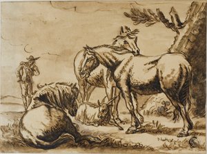 Cavalli, capra e un uomo da Dirck Stoop