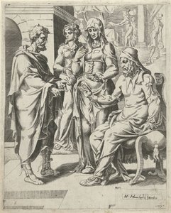 Eliezer racconta a Laban il suo scopo (Isaaks zoektocht naar een vrouw) da Dirck Volckertsz. Coornhert (attributed to)